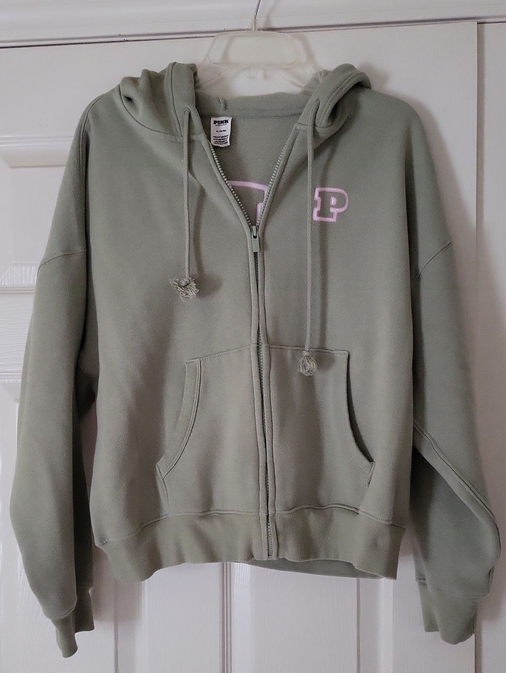 PINK Victoria's Secret Sage Green Zip Hoodie with Pink 'P' Patch